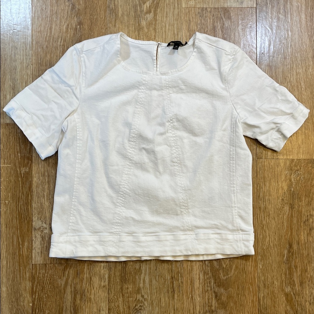 Banana Republic White Denim Short Sleeve Shirt Top Stretch Crew Medium M - Picture 3 of 16